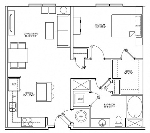 Floor plan for 1 bed, 1 bath, 861 sqft